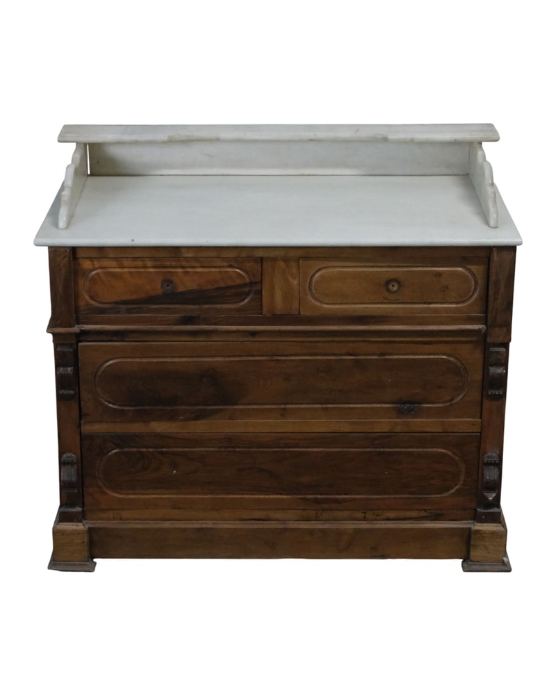 Cómoda Isabelina Tardia del Siglo XIX en Nogal y Mármol Blanco