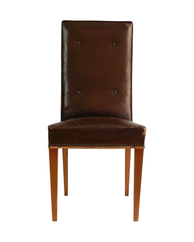 Silla Tapizada del Mediados del Siglo XX en Madera y Cuero