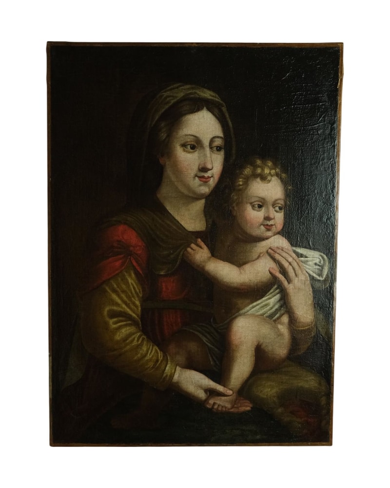Pintura Religiosa del Siglo XVII de Virgen con Niño