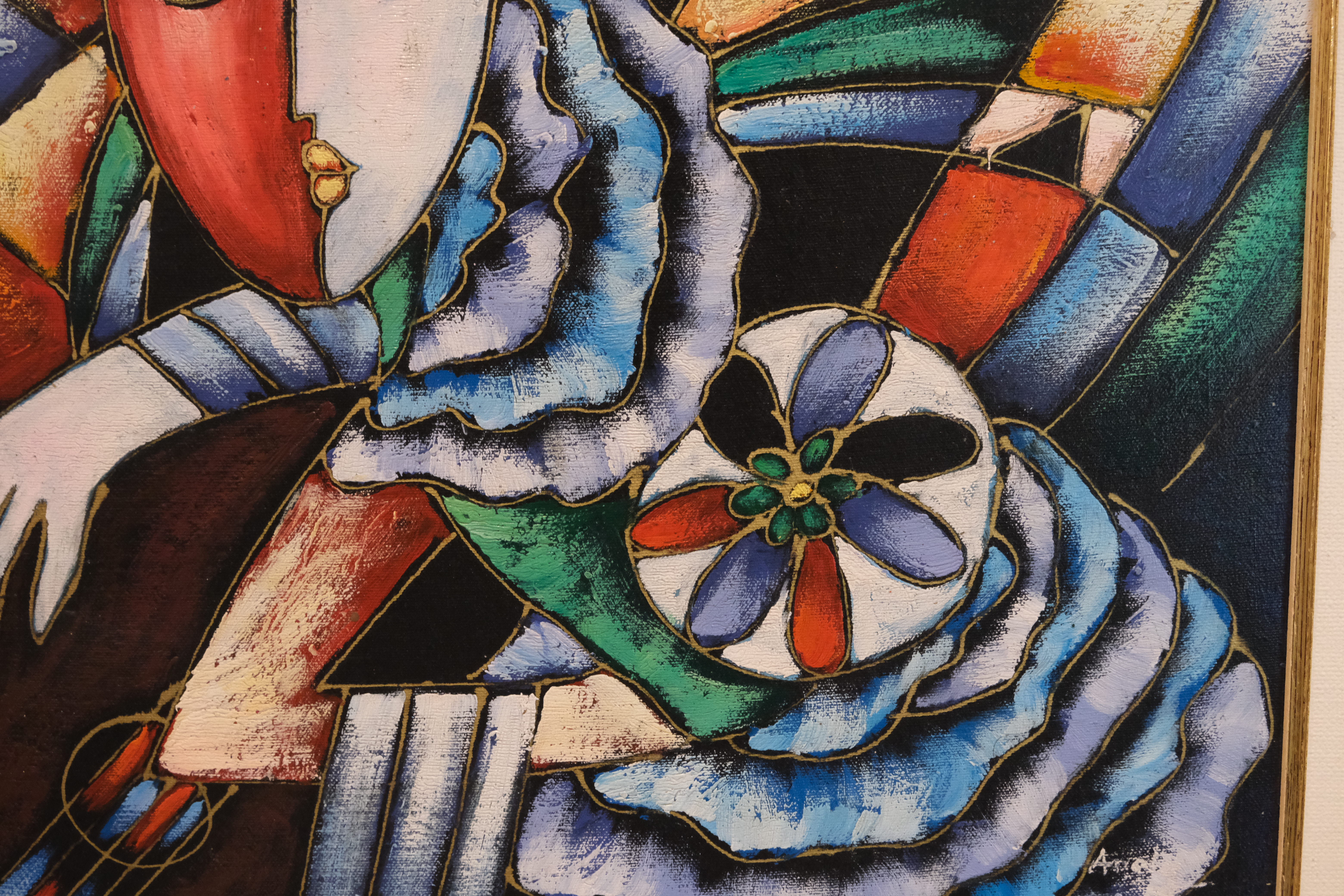 pintura-abstracta-de-un-arlequin-en-marco-negro-siglo-xx