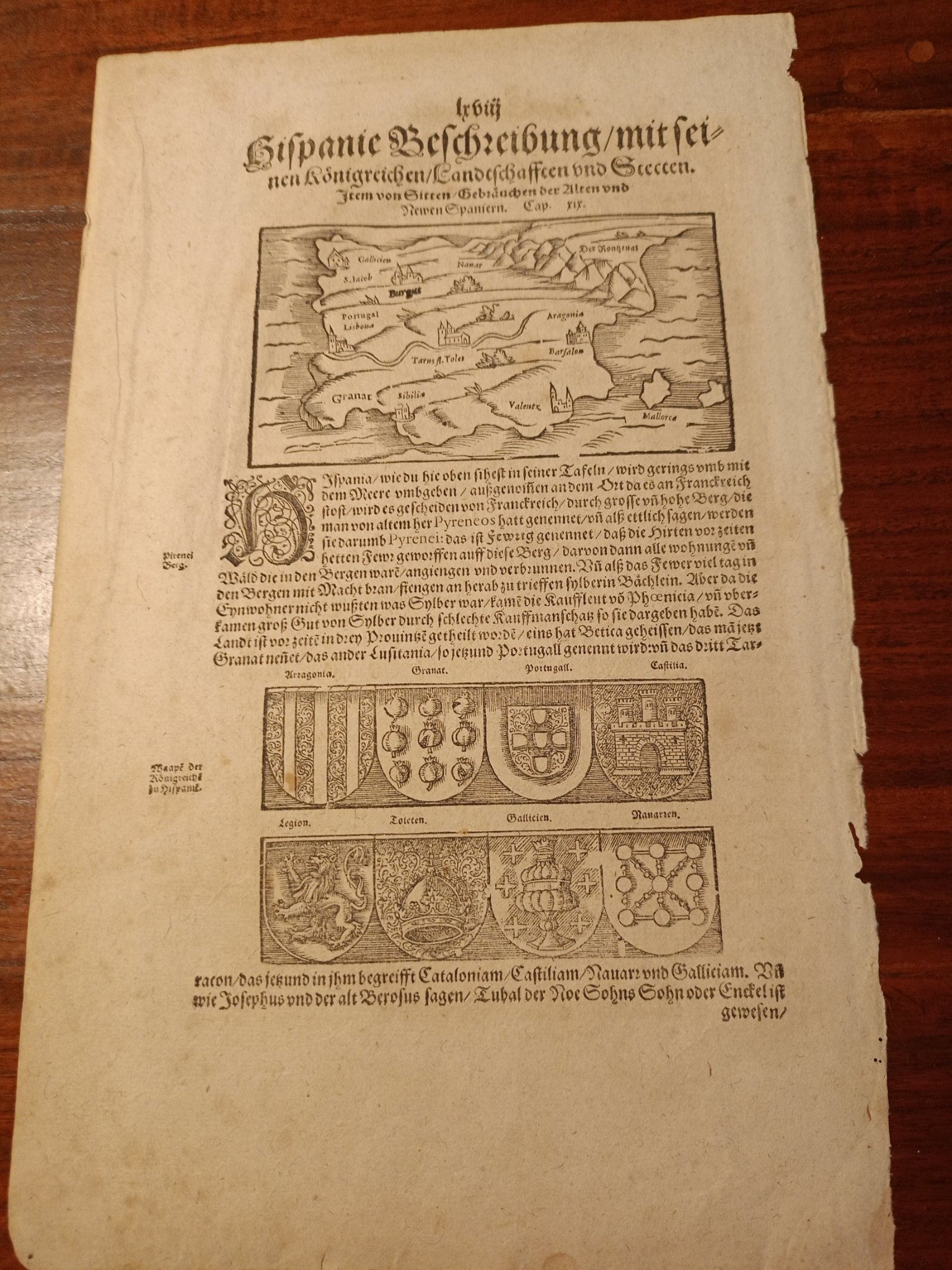 Loose Leaf with Description of Hispania and Scotland, Antique Engraving 1544 German Edition
