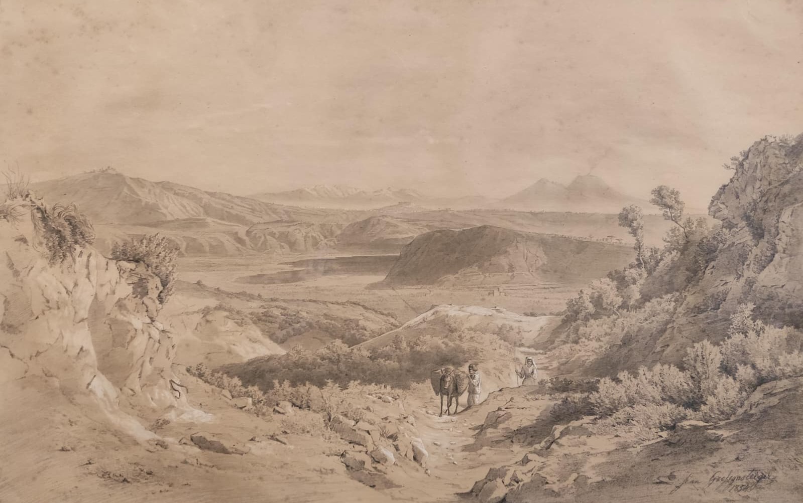 Dibujo de Paisaje Neapolitano de Juan Grossgasteiger 1854