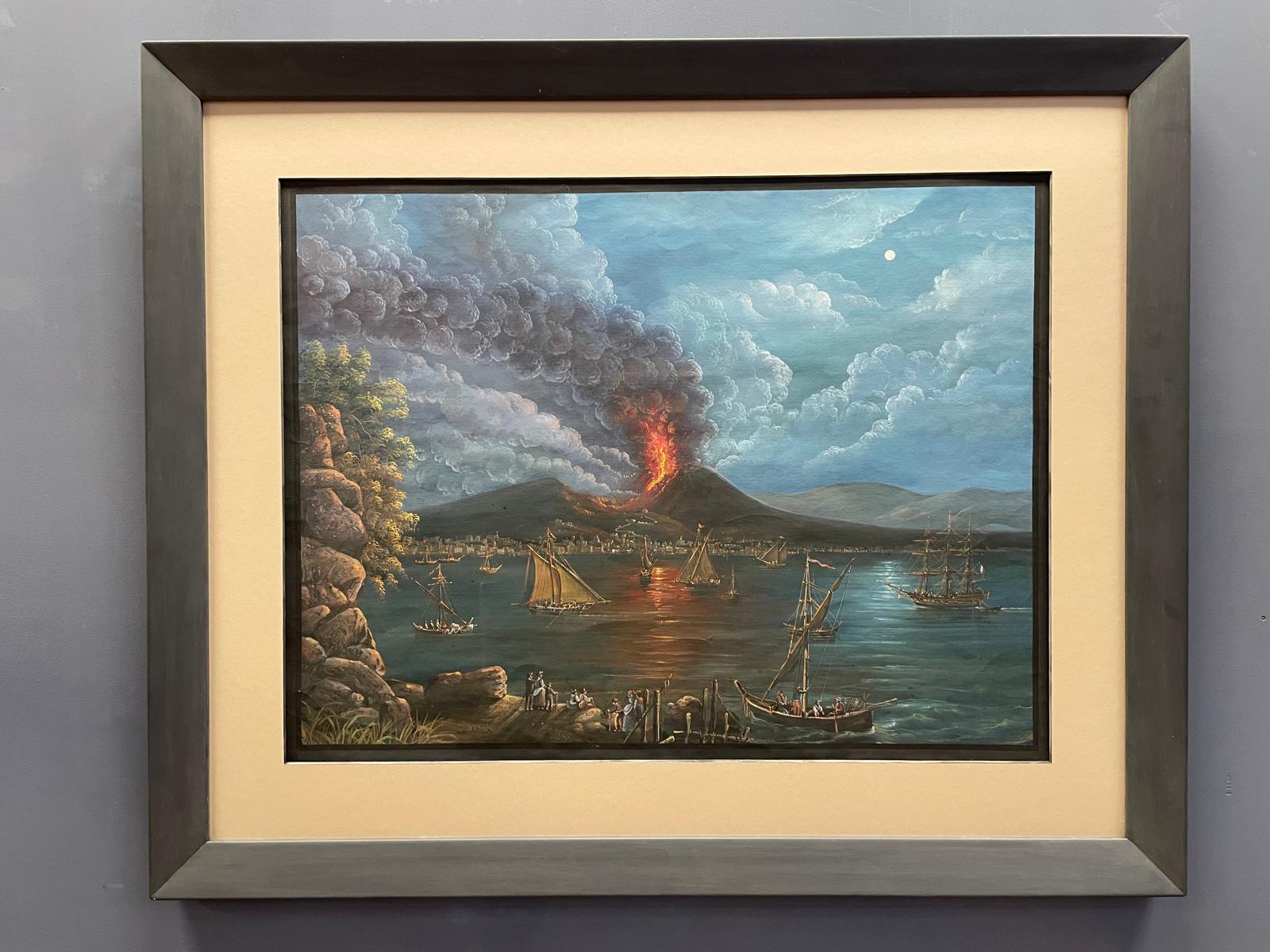 Pintura del Siglo XIX de Vista Nocturna del Puerto con el Vesubio - Photo 2 of 3