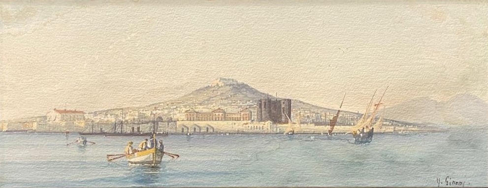 Gouache del Siglo XX de Vista del Puerto y la Fortaleza