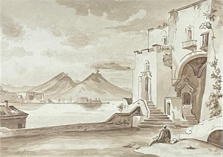 Dibujo de Arquitectura Ribereña del Siglo XIX con Vesubio