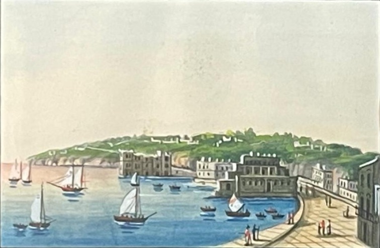 Gouache del Siglo XIX de Puerto con Arquitectura Costera