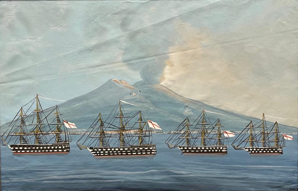 Gouache del Siglo XIX de Flota Inglesa frente al Vesubio