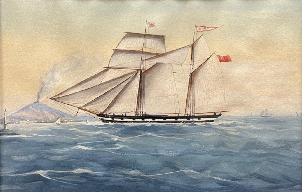 Dibujo de barco de vela del Siglo XIX frente al Vesubio