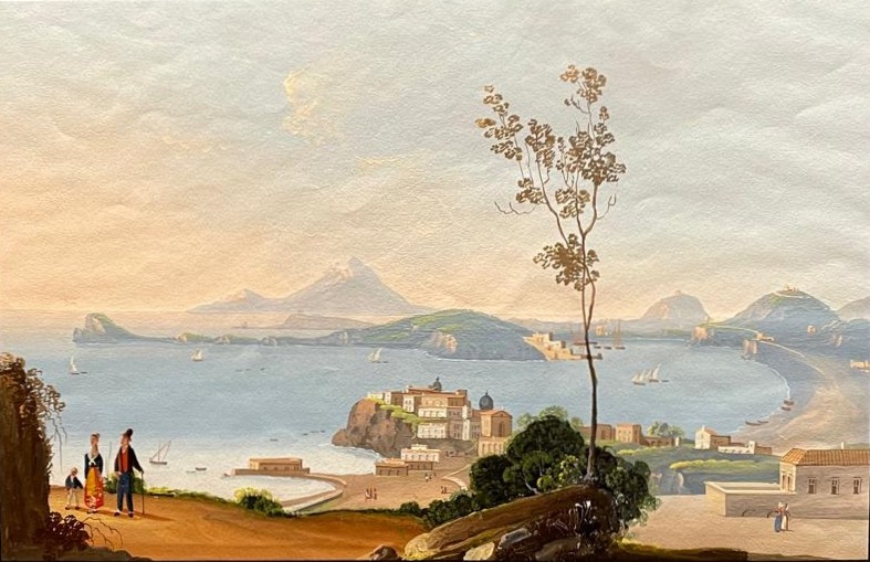 Gouache del Siglo XIX con Vista de la Bahía y Capri
