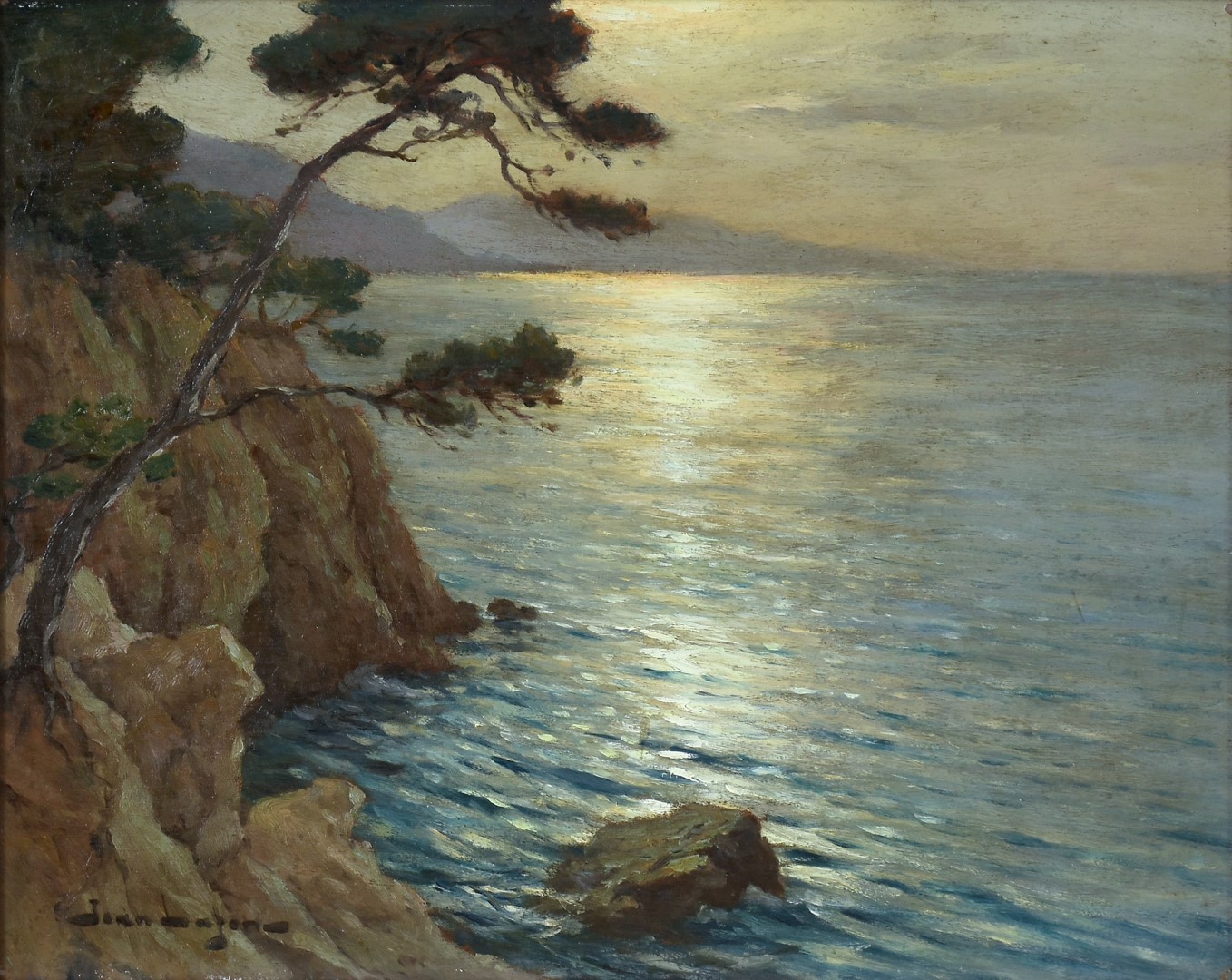 Pintura de Jean Lafon del Siglo XX – Costa Rocosa al Atardecer
