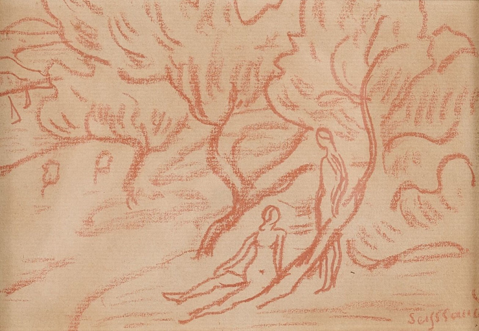 Dibujo de René Seyssaud del Siglo XX – Pareja bajo Árboles