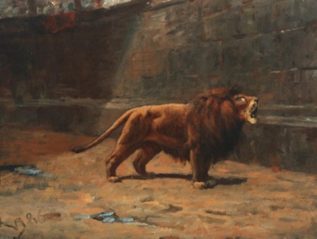 Pintura de Valdemar Irminger del Siglo XIX – León Rugiendo en el Coliseo
