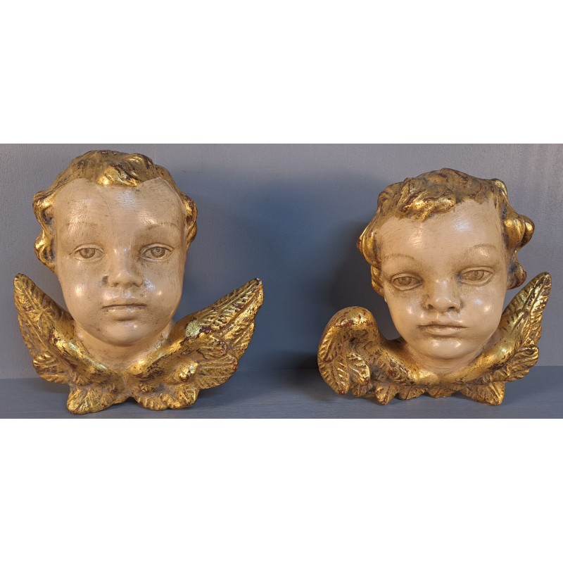Pair of Angels – Polychrome Wood Carving – 20th Century