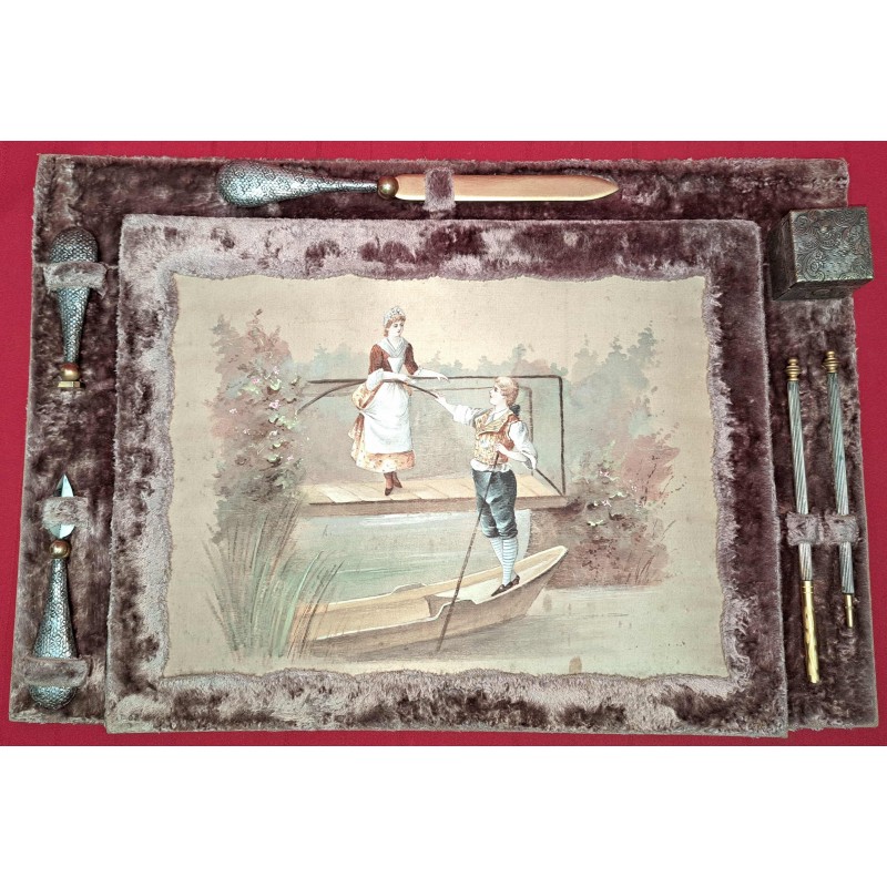 Magnificent writing set, romantic scene painted on silk, 19th century