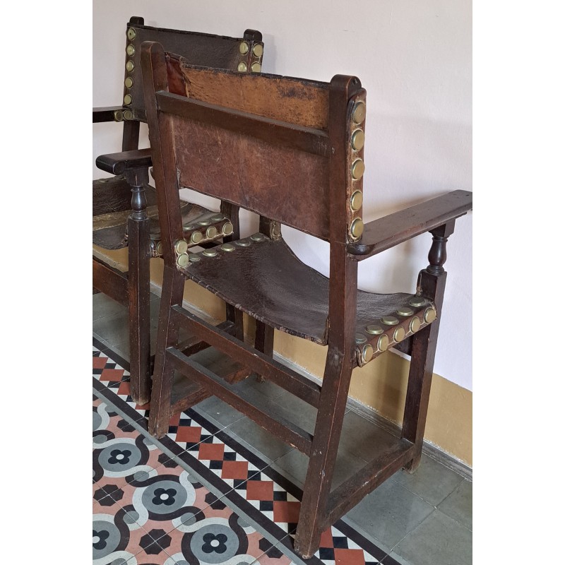 Pair of frail armchairs, walnut wood, leather upholstery. 18th century - 7/7