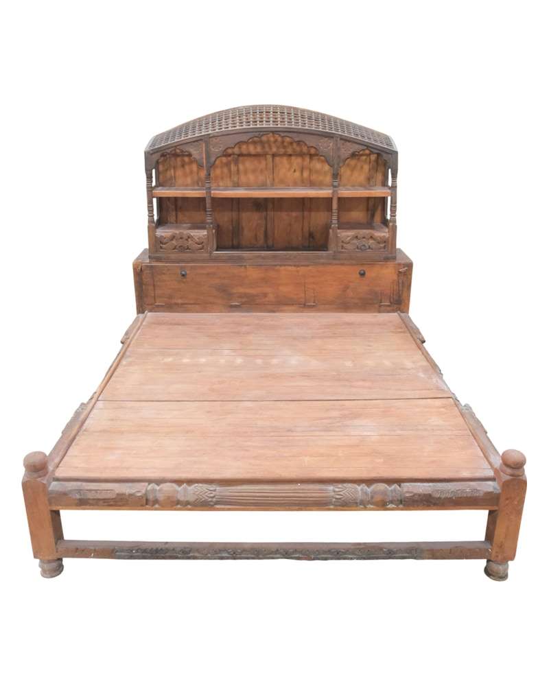 Teak Bed with Indian Headboard, 20th Century