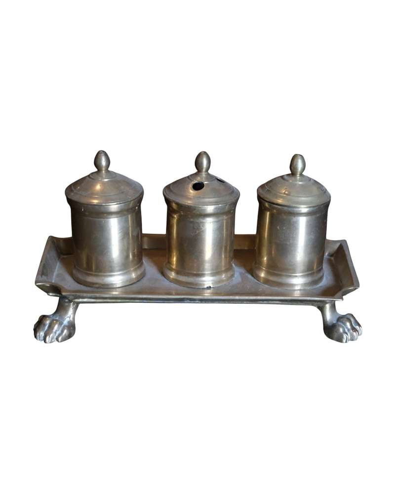 19th Century Bronze Writing Set with Cylindrical Inkwells