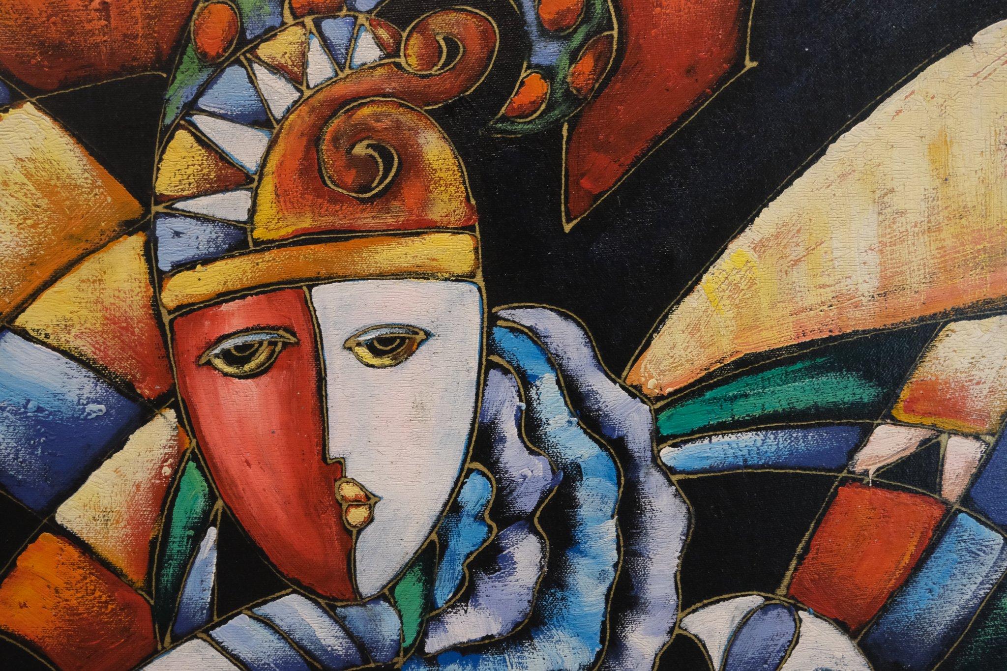 pintura-abstracta-de-un-arlequin-en-marco-negro-siglo-xx