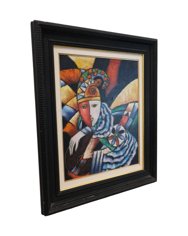 pintura-abstracta-de-un-arlequin-en-marco-negro-siglo-xx