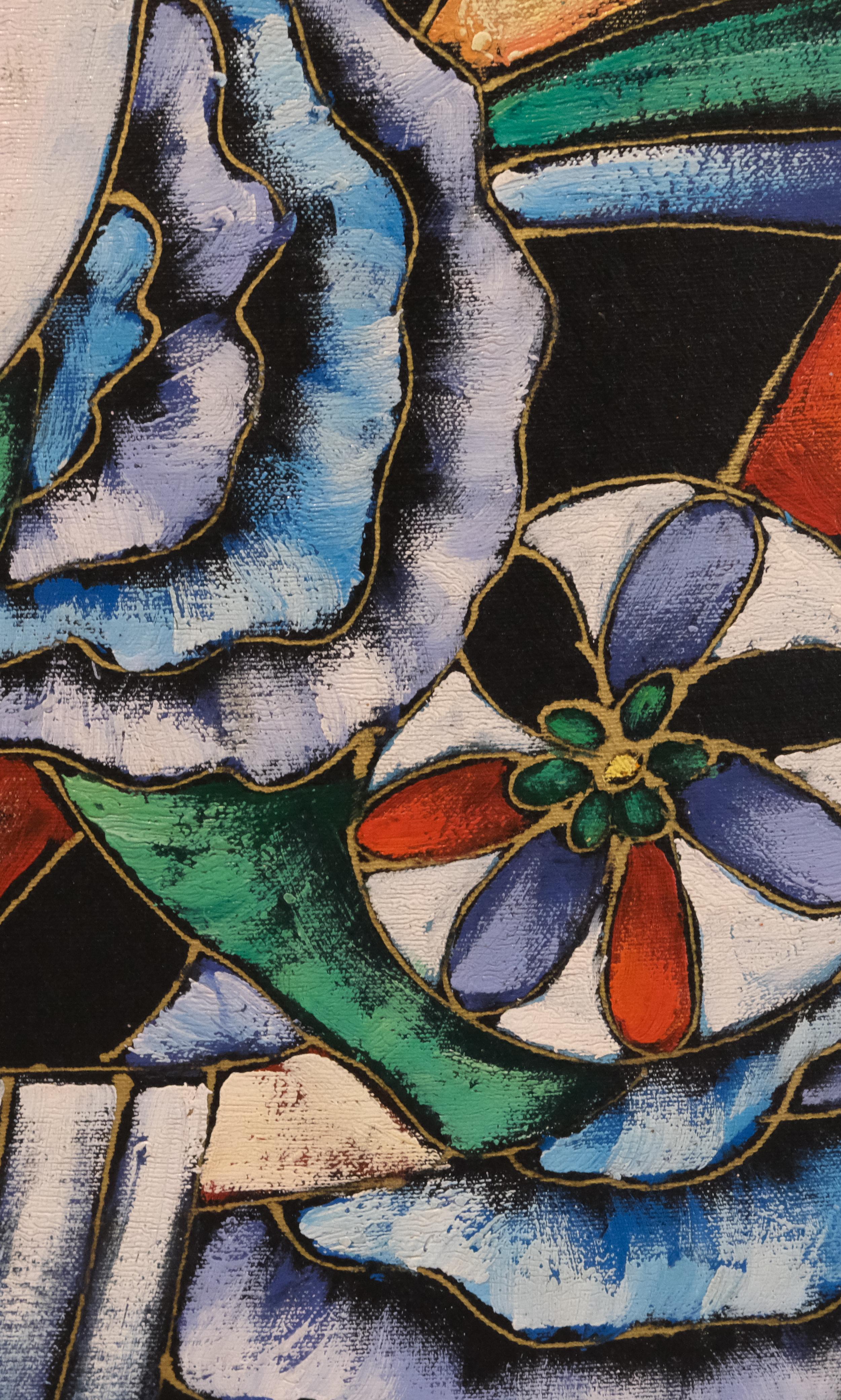 pintura-abstracta-de-un-arlequin-en-marco-negro-siglo-xx