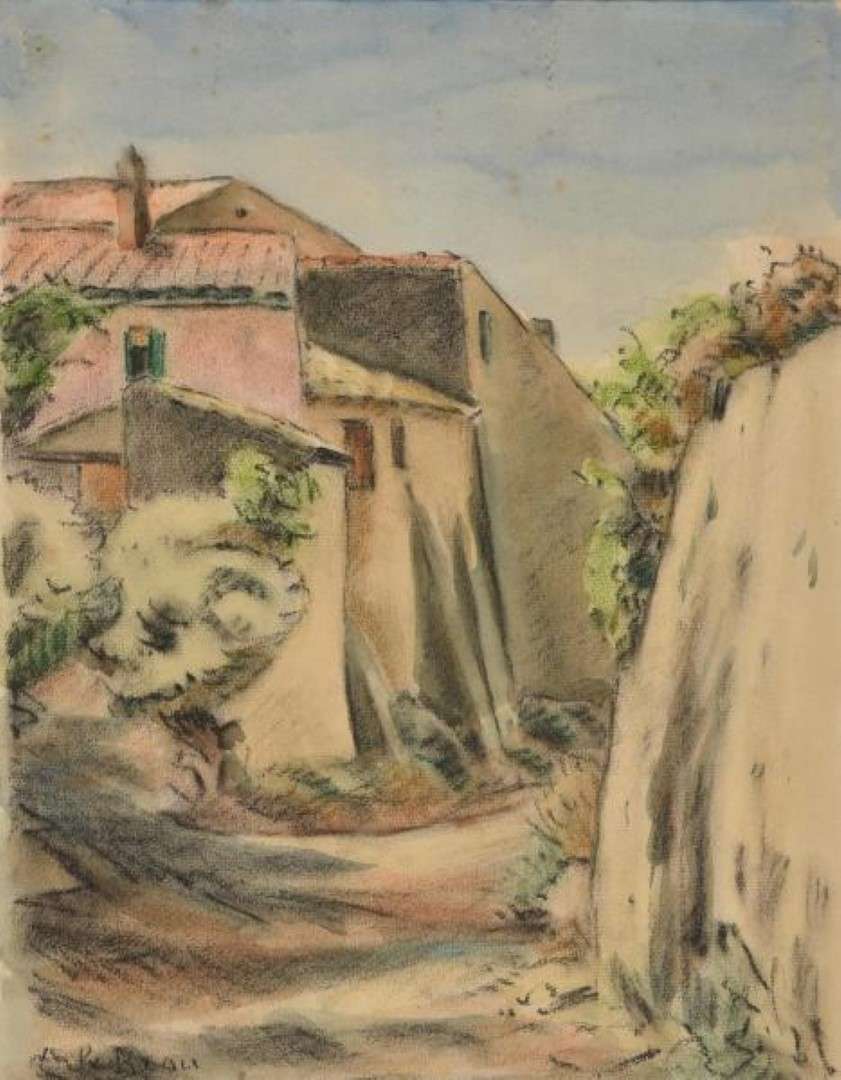 Watercolor by Alcide Le Beau from the 20th Century – Corsican Village
